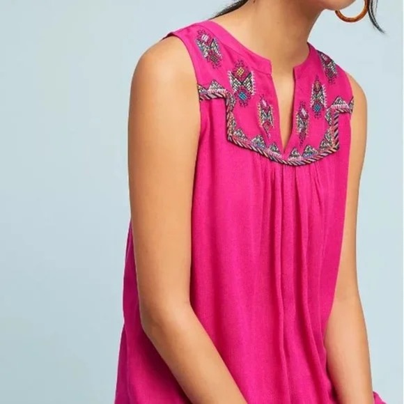 Maeve Embroidered Tunic Top in Fuchsia Embroidered Sleeveless Blouse size Small - Picture 2 of 11